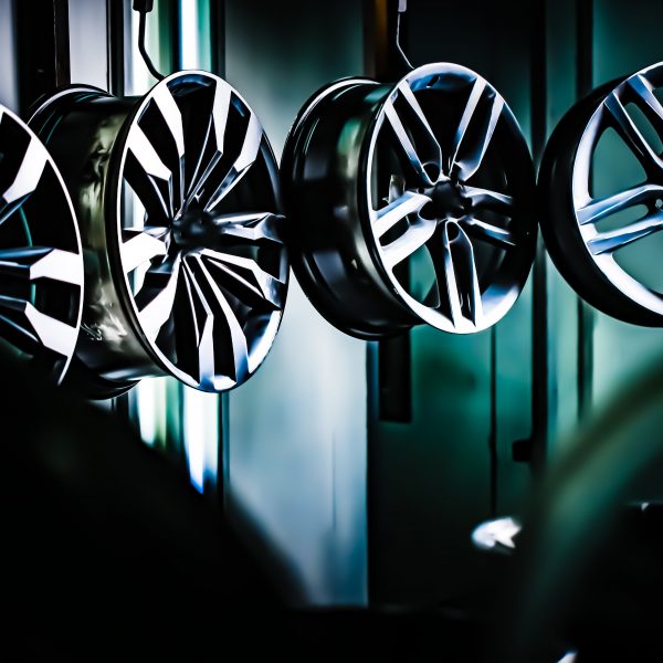 Car wheels on display